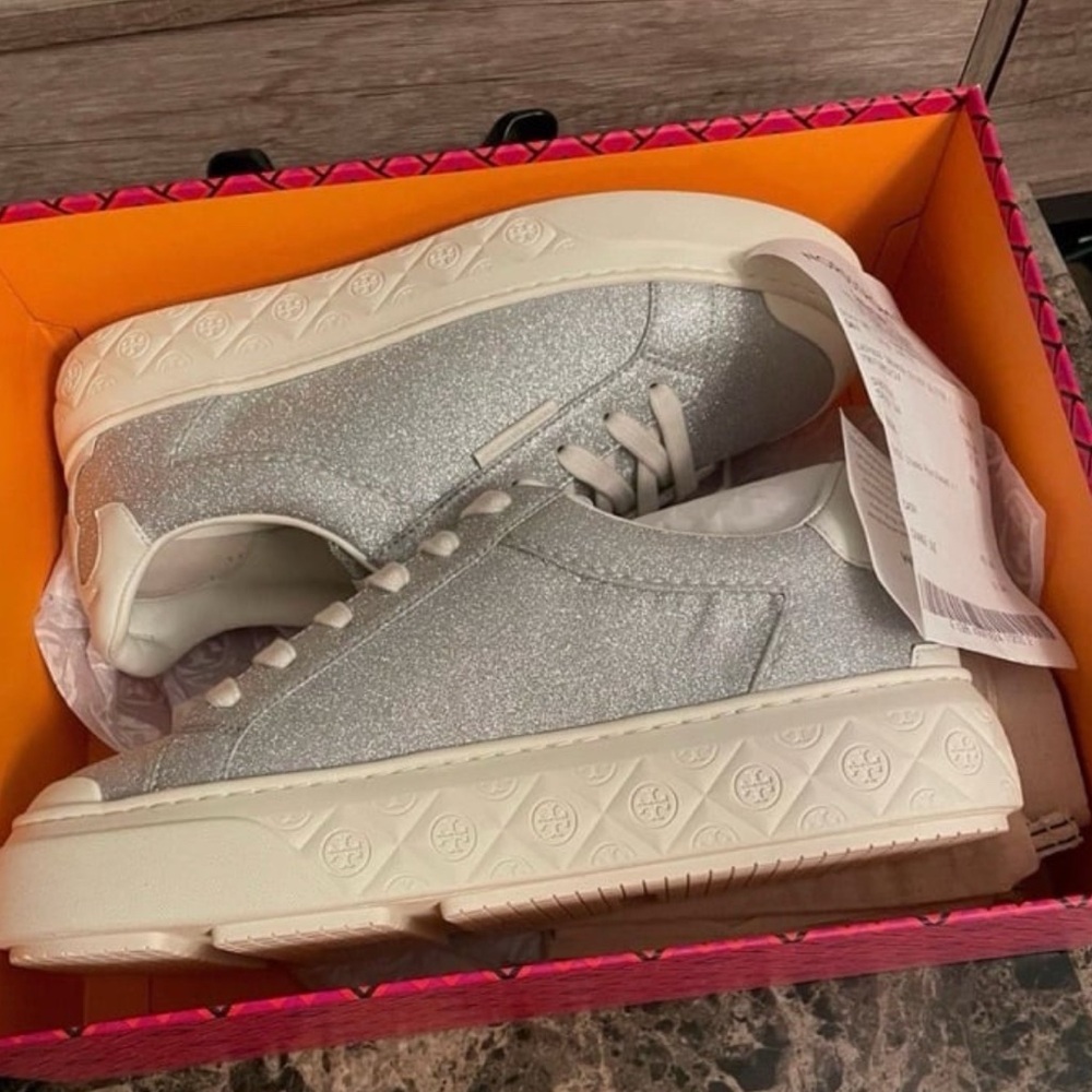 Tory Burch Ladybug Lace up Silver Glitter Sneakers